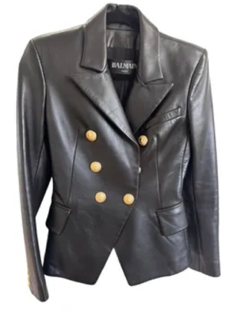 Balmain Black Leather Double-Breasted Blazer with Gold Buttons FR 36